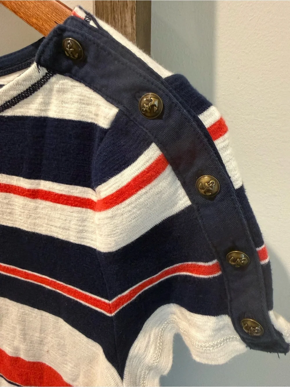 Ralph Lauren Navy, White & Red Striped Short Sleeve Tee with Shoulder Buttons